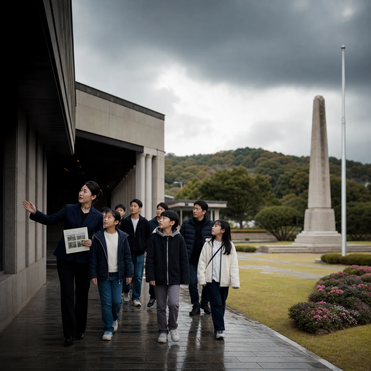 기념관과 기념탑·정원을 잇는 야외 교육 이동 경로를 걷는 가족 단체 편집 장면