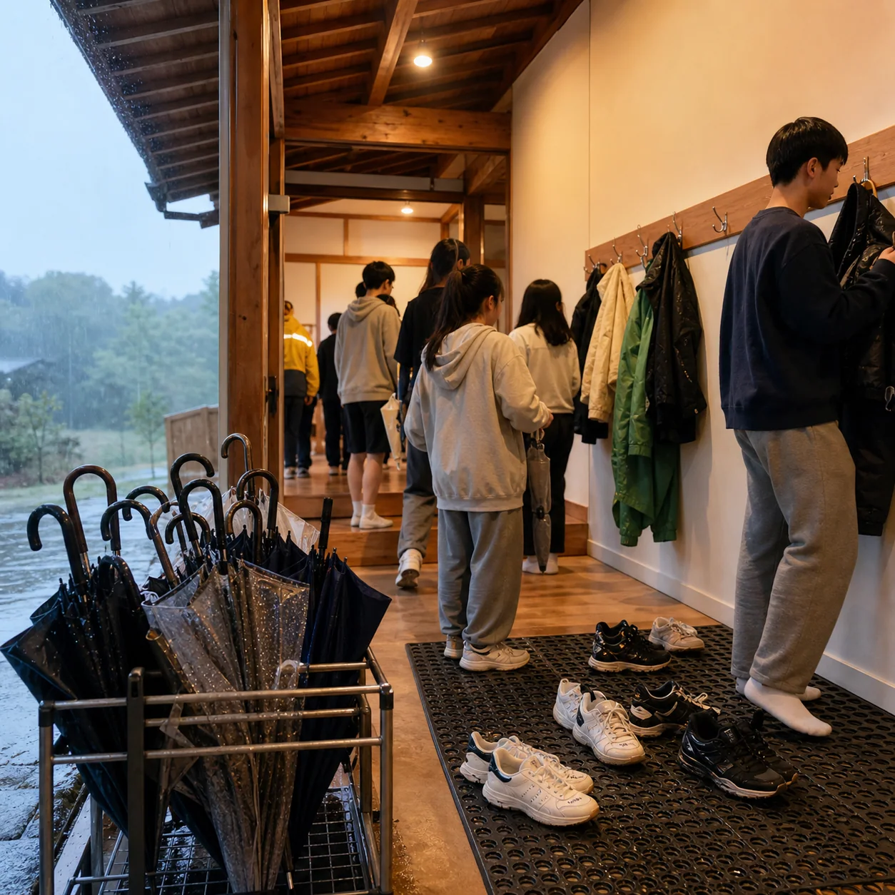 보은 교회 수련회 숙소 젖은 우산 신발 외투 분리 가이드