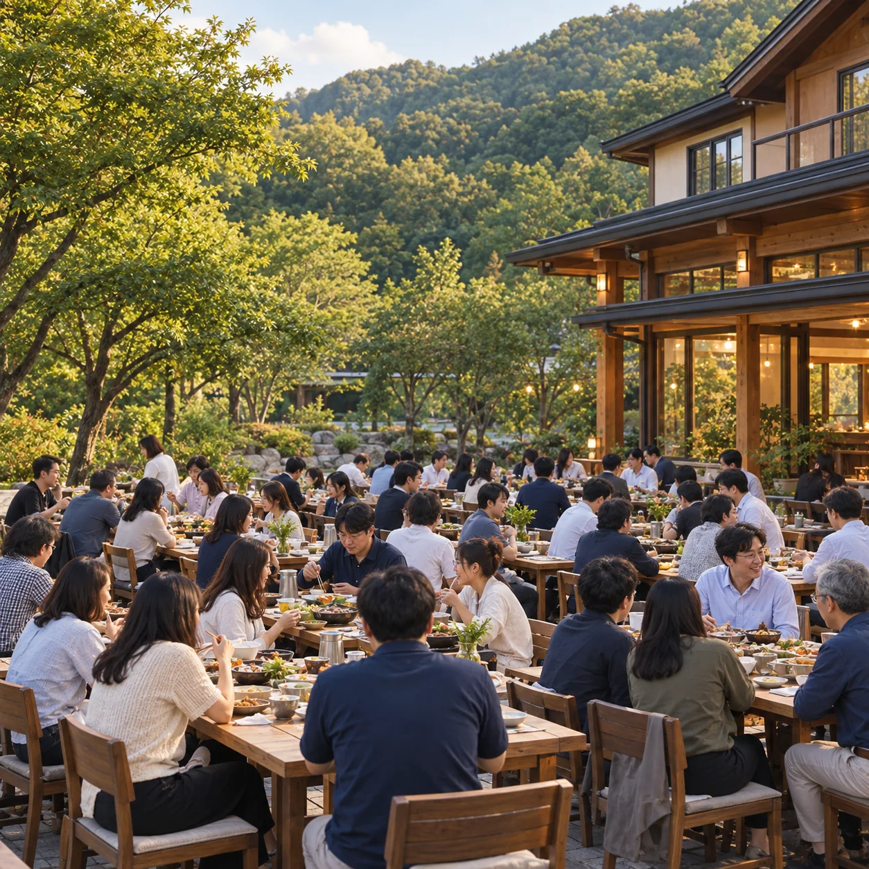 산과 숲을 배경으로 대형 숙소 마당에서 여러 사람이 함께 식사하는 단체 체류 장면
