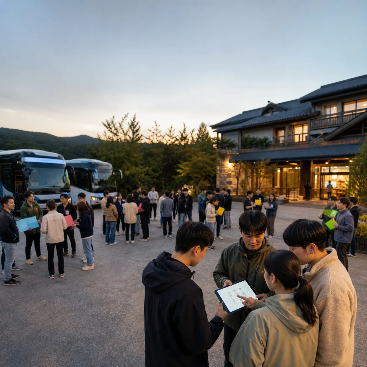부산 출발 100명 MT 참가자들이 버스 앞에서 열 개 조로 확인되는 편집 장면