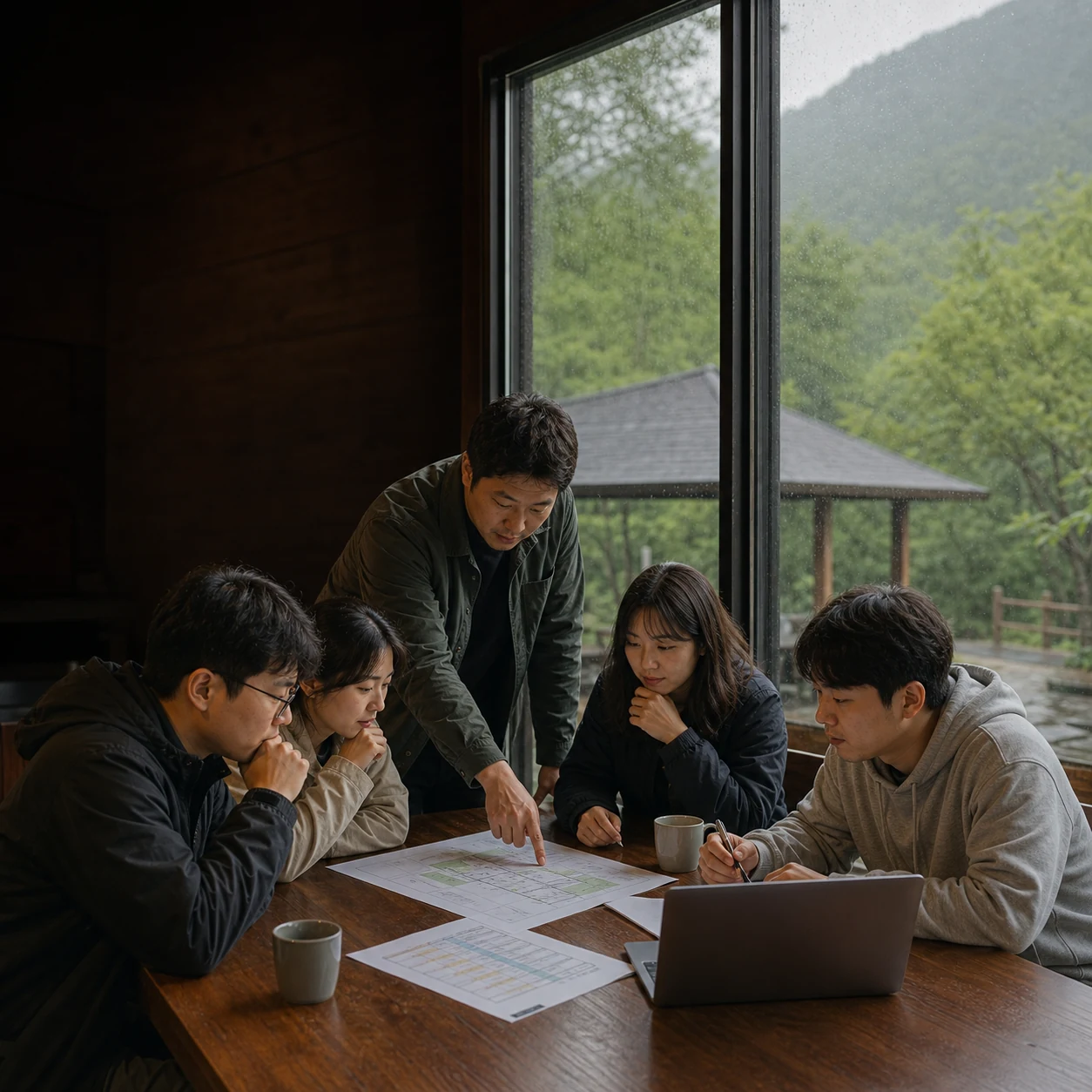 비 오는 산속 숙소에서 워크샵 시간표를 조정하는 회사 팀의 모습