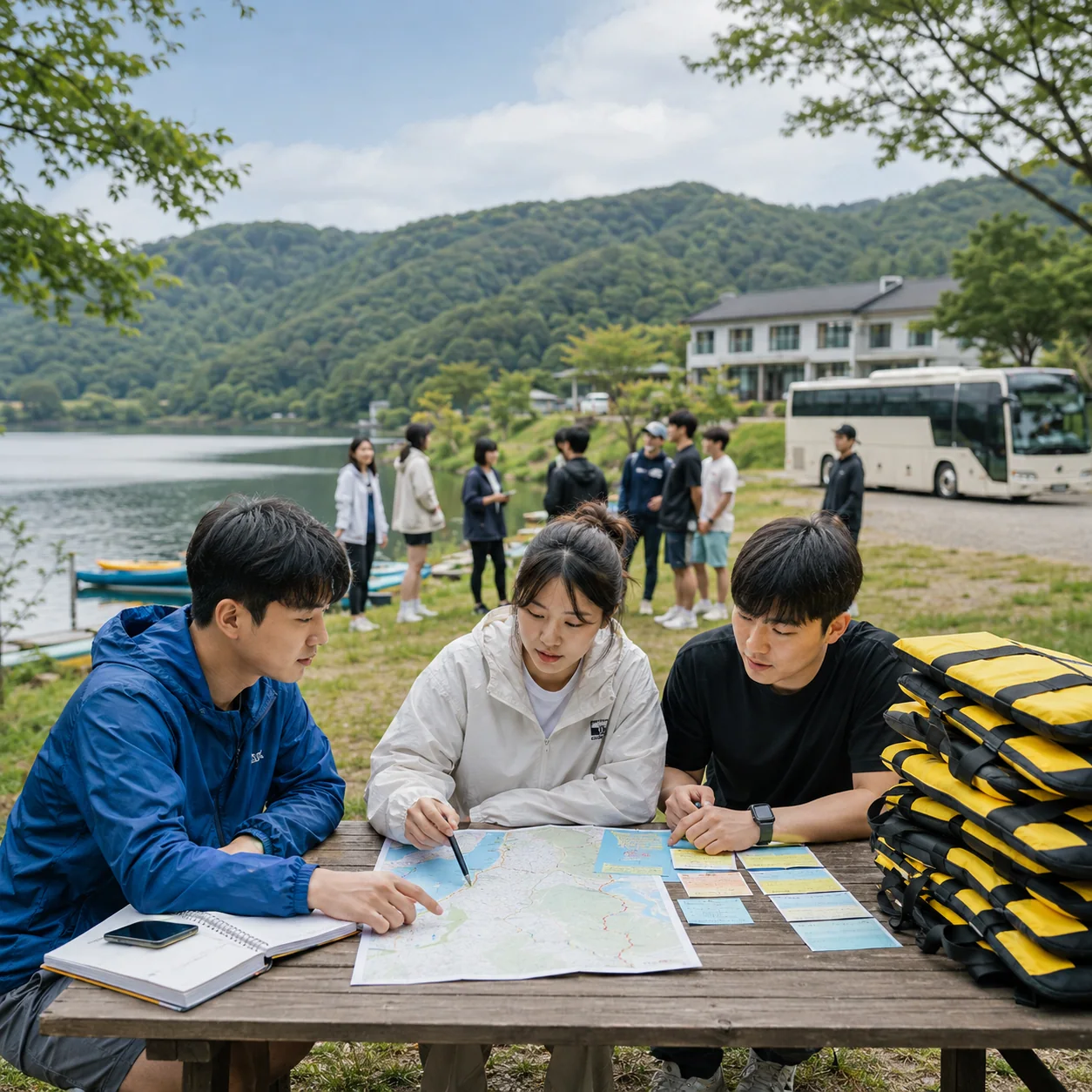 가평 호숫가에서 지도와 일정표를 확인하는 대학생 MT 진행 담당자