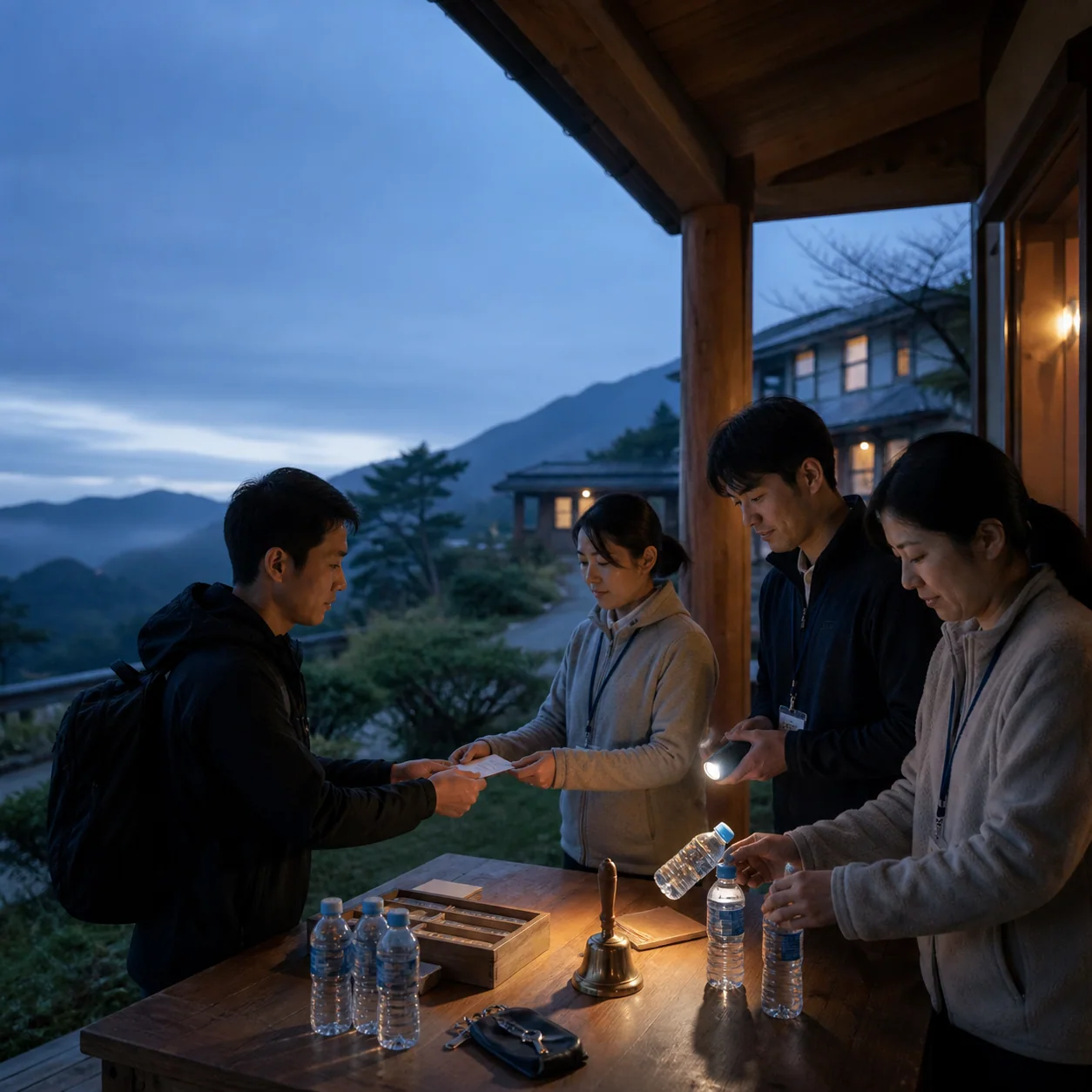수련회 봉사자들이 새벽에 빈 교대 카드와 열쇠 주머니를 전달하는 모습