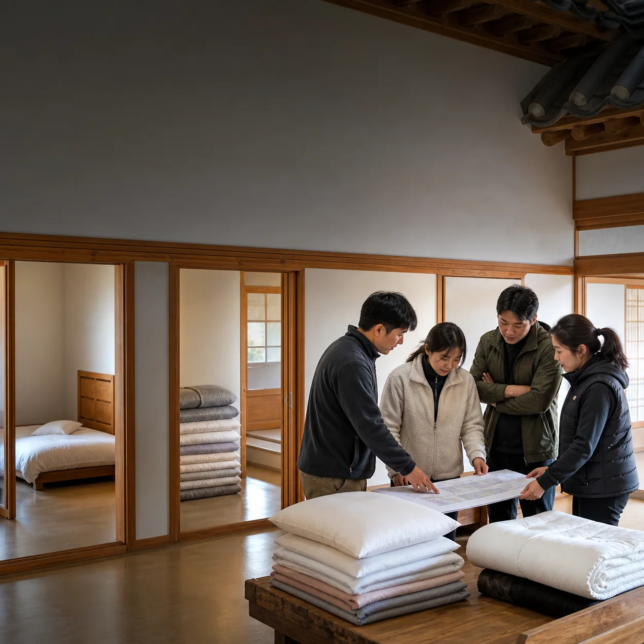 김해 100명 단체펜션의 침대 바닥 추가침구 확인 가이드