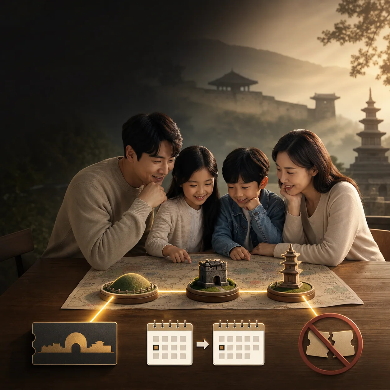 공주 왕릉·성곽·박물관 세 토큰과 이틀 달력을 보는 가족 편집 장면