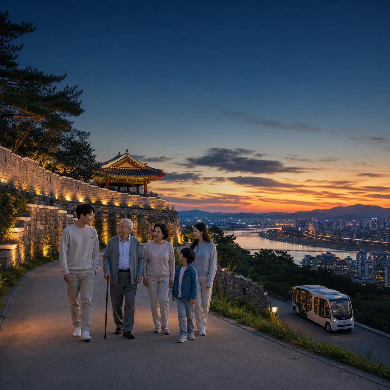 강변 산성의 완만한 길에서 세대 가족이 낮과 야간 시간을 확인하는 편집 장면