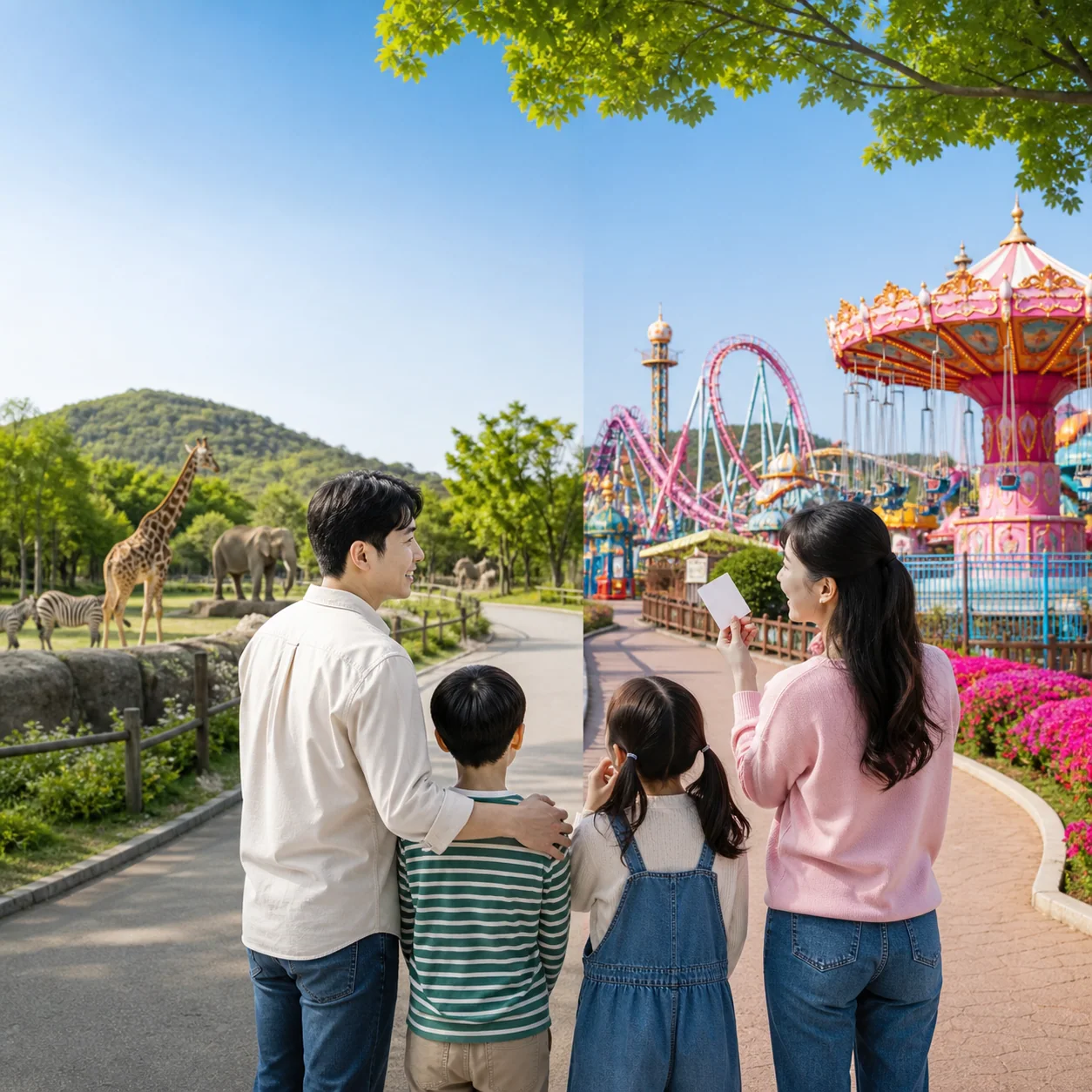 동물원 산책로와 놀이기구 구역 앞에서 별도 표를 확인하는 가족 모습