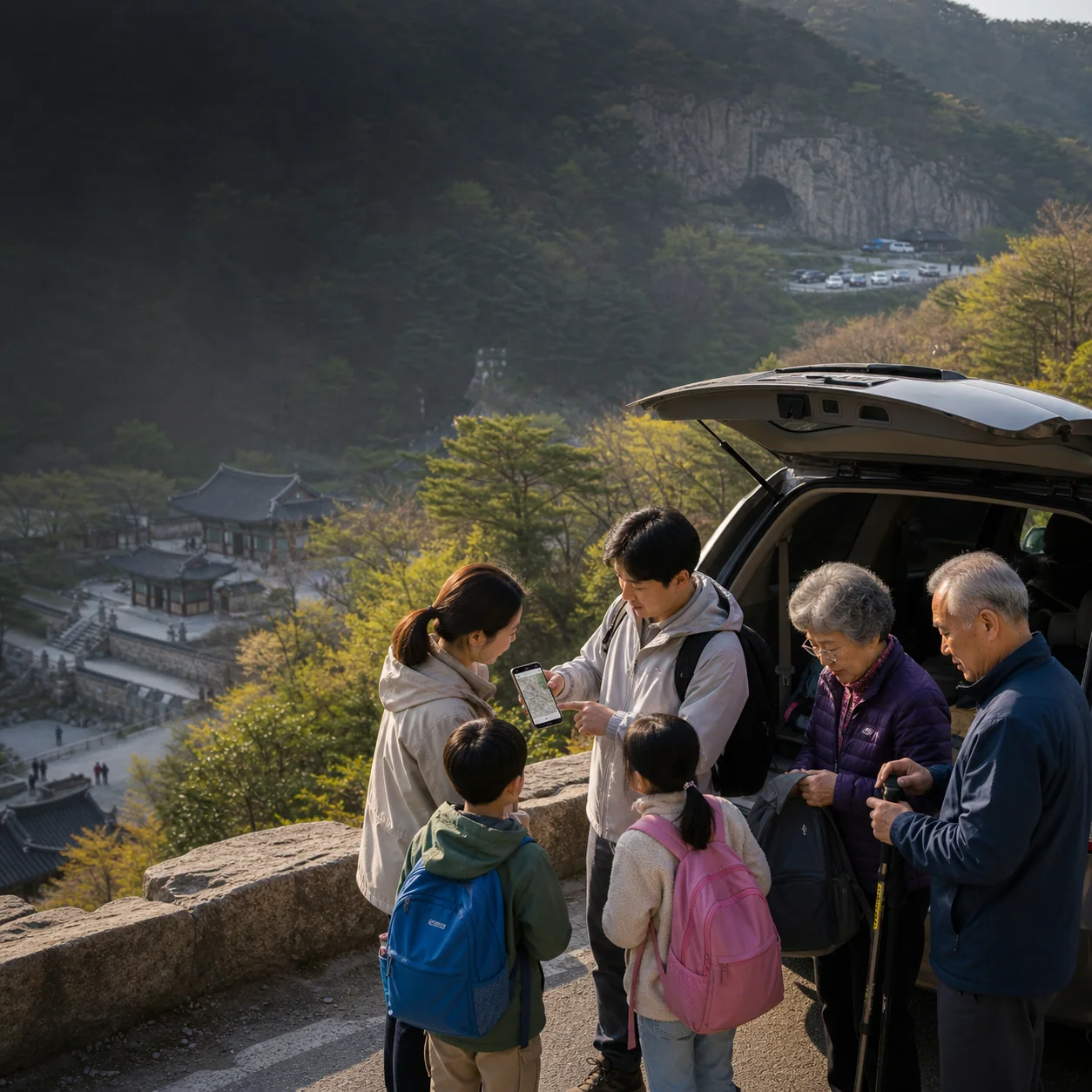 경주 산길에서 아래 사찰과 위쪽 석굴 방문지를 휴대전화 지도로 나누어 보는 가족 모습