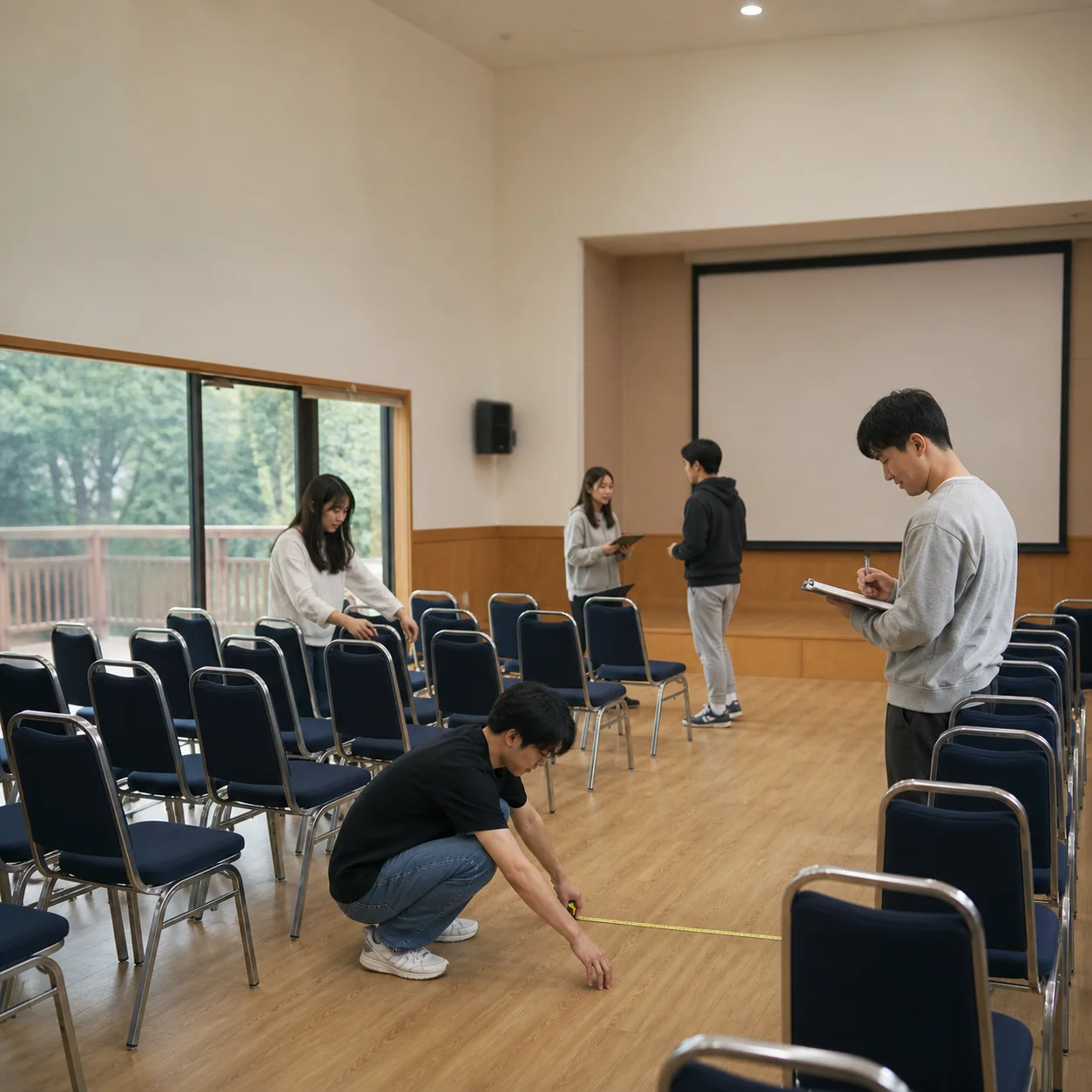진행 담당자이 쉰 명 좌석과 통로 폭을 재는 편집 장면