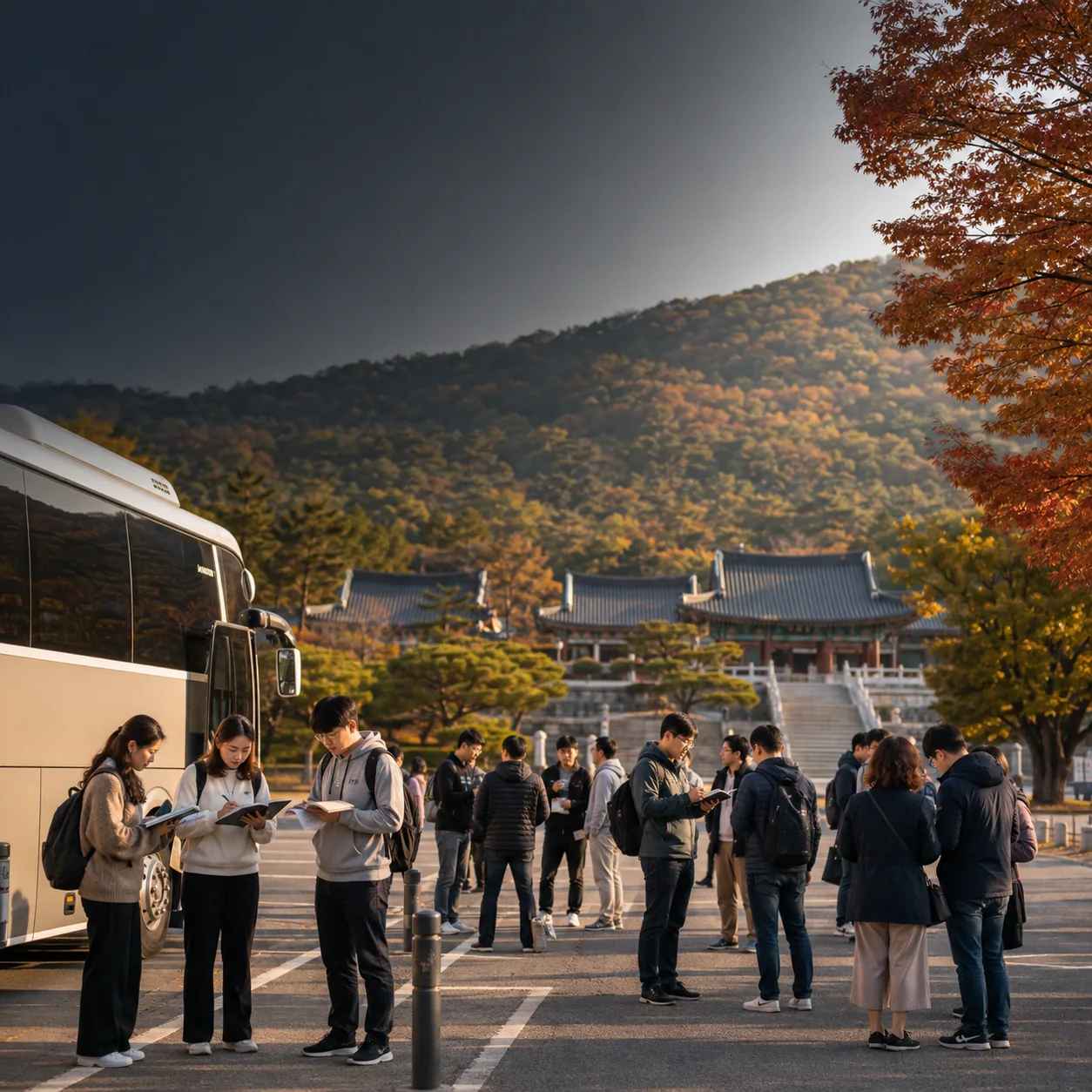 경주 불국사권 주차장에서 교회 수련회 100명이 조별 안내를 확인하는 사진