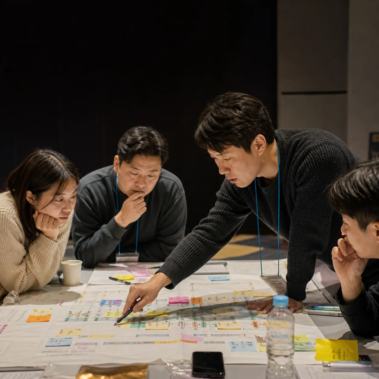 80명 회사 워크샵의 버스 도착부터 출발까지 임계경로를 그린 장면