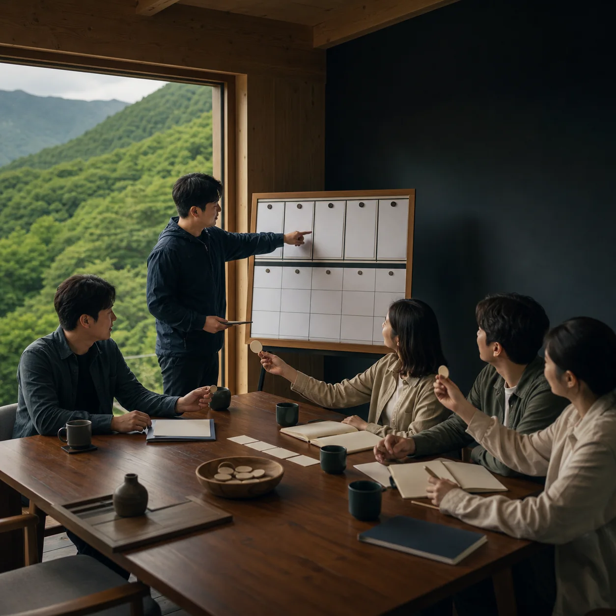 회사 워크샵 팀이 빈 결정 보드와 담당 토큰을 연결하는 모습