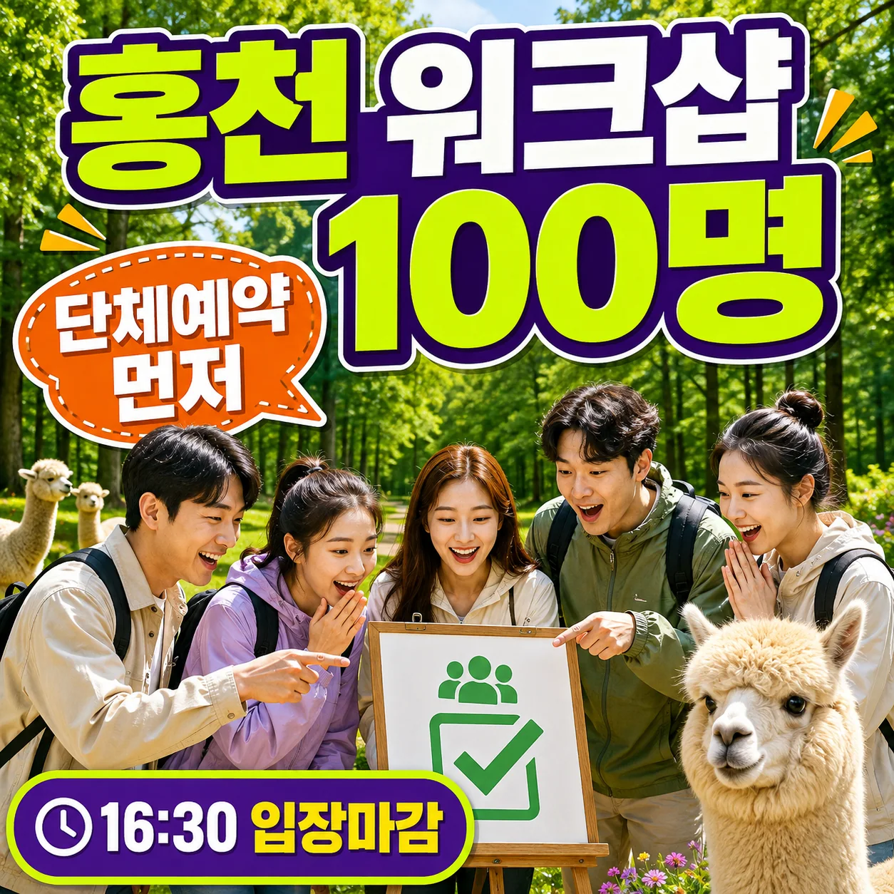 홍천 숲과 알파카를 배경으로 회사 워크샵 100명이 객실과 관람조를 확인하는 사진