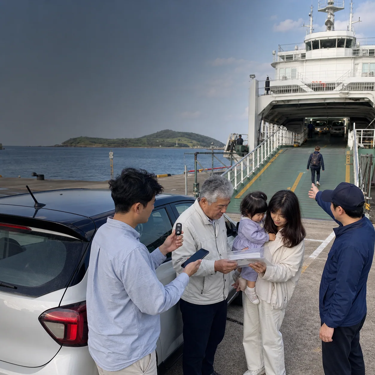제주 항구에서 렌터카와 실제 동행자 서류를 확인한 뒤 차량 선적선을 보는 가족 모습