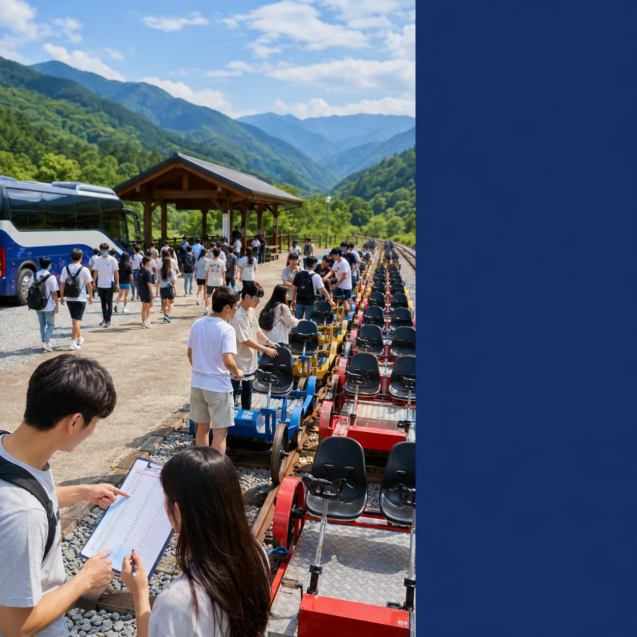 정선 산골역에서 대학생 MT 100명이 4인승 레일바이크 조로 나뉜 사진