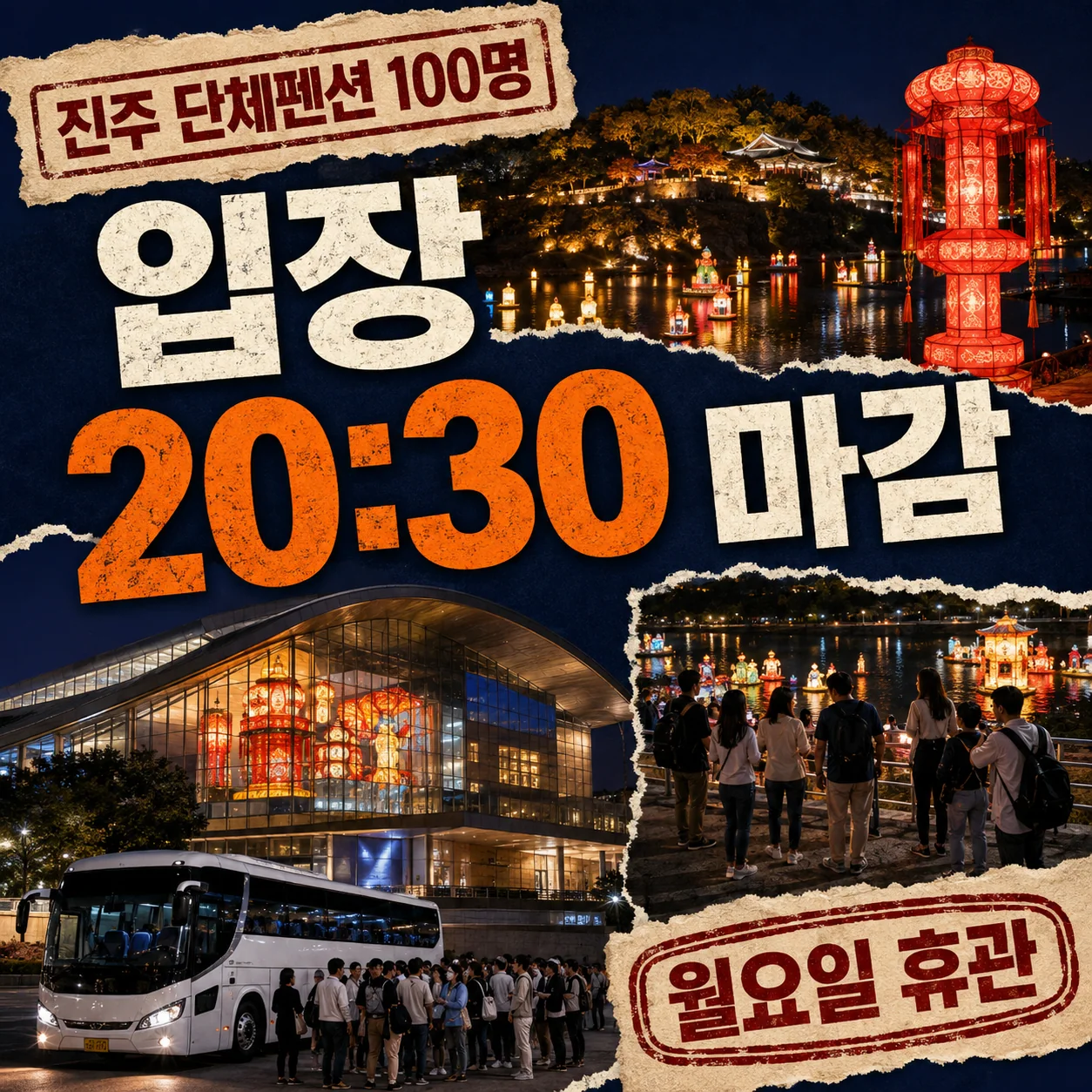 진주 남강 유등 야경에서 단체펜션 100명이 버스별로 집결하는 사진