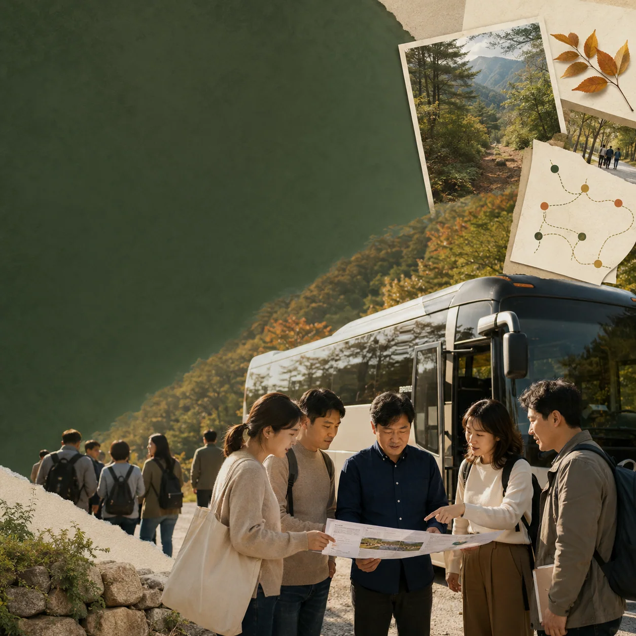 밀양 50명 회사 워크샵의 버스와 여행 이동 경로를 상의하는 편집 장면