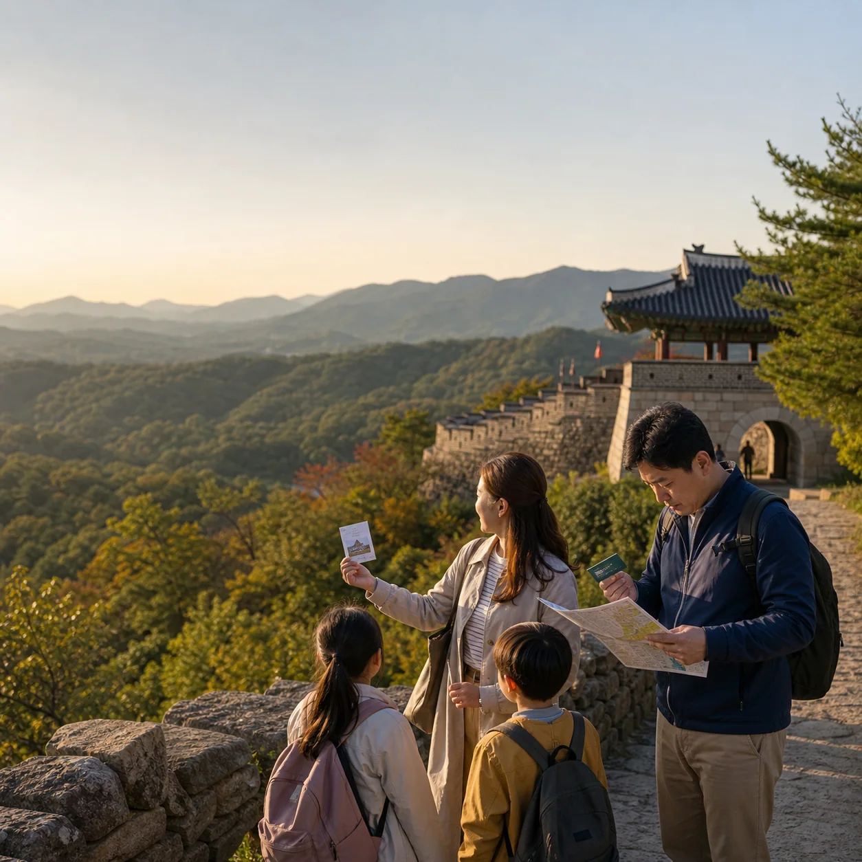 산악 성곽길에서 가족이 행궁표와 주차카드·탐방 지도를 따로 확인하는 편집 장면