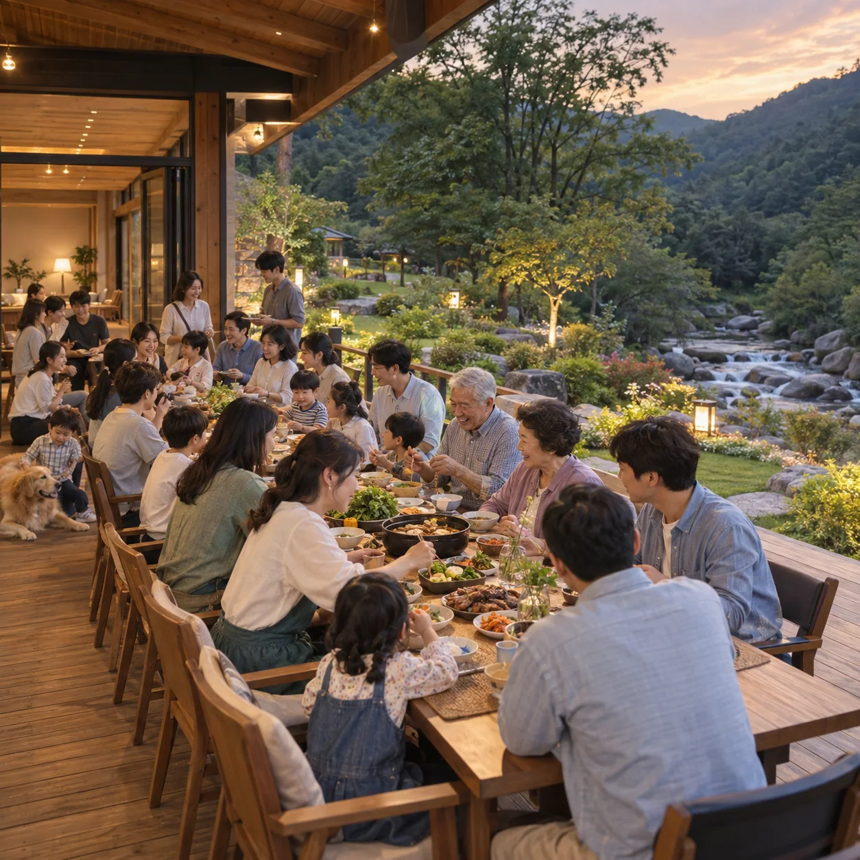 여러 세대 가족의 저녁 식사 장면 위에 울산 30명 가족모임 숙소 문구가 놓인 표지