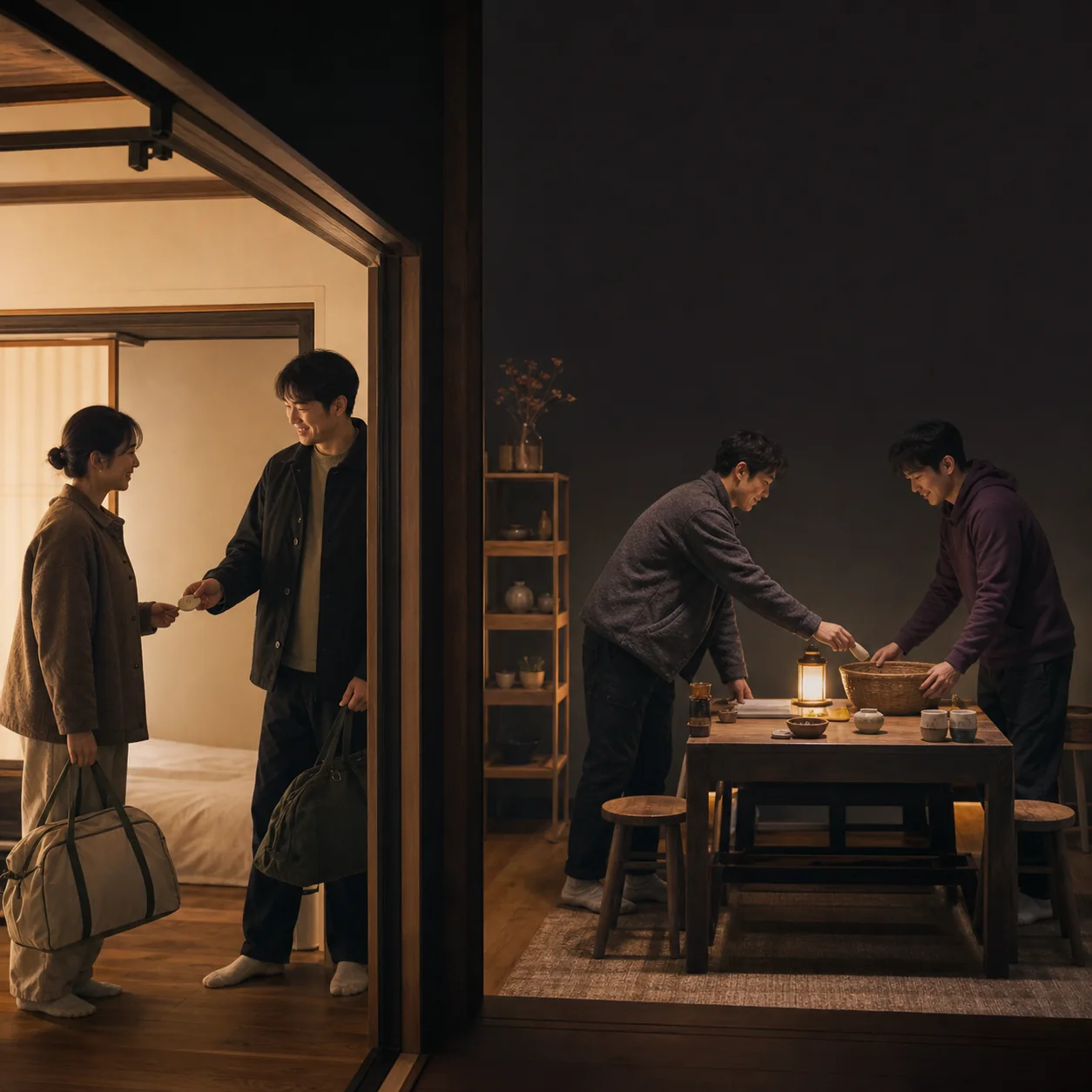 친구들이 조용한 객실과 늦은 대화 공간을 빈 토큰으로 나누는 모습