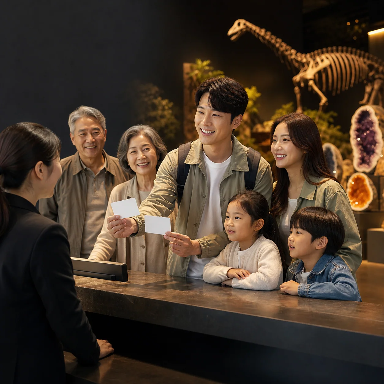 다세대 가족이 가상의 자연사박물관 현장 창구에서 빈 증빙 카드를 제시하는 서울 여행 사진