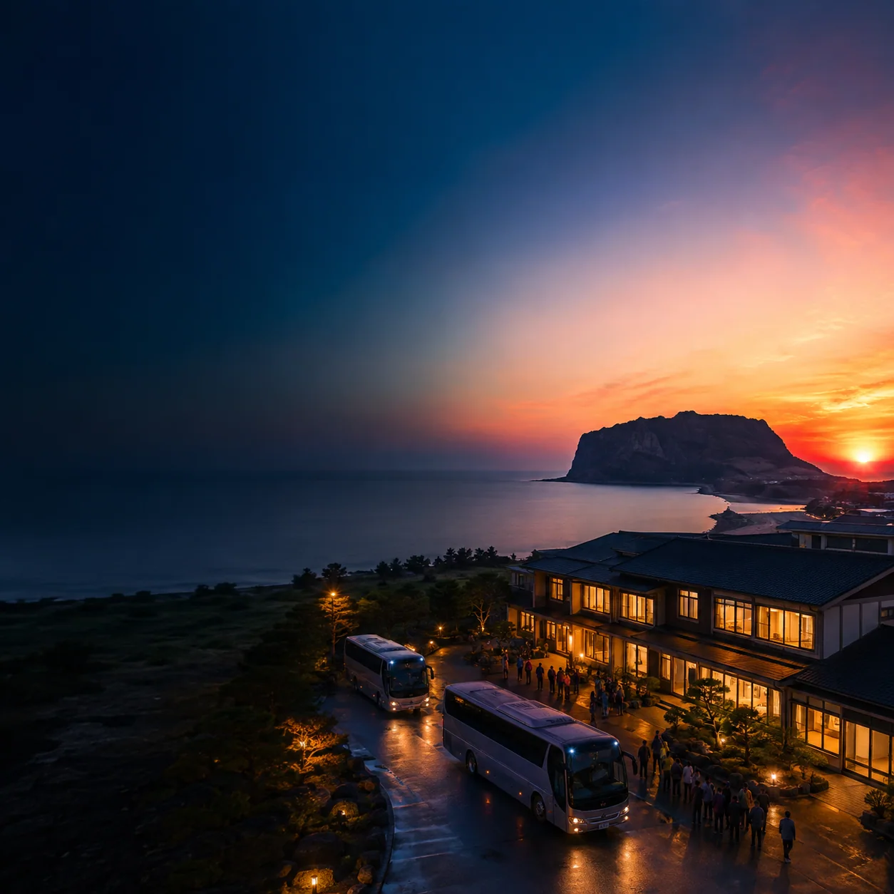 성산 단체펜션 100명의 일출봉 새벽 출발과 체크아웃을 맞추는 가이드