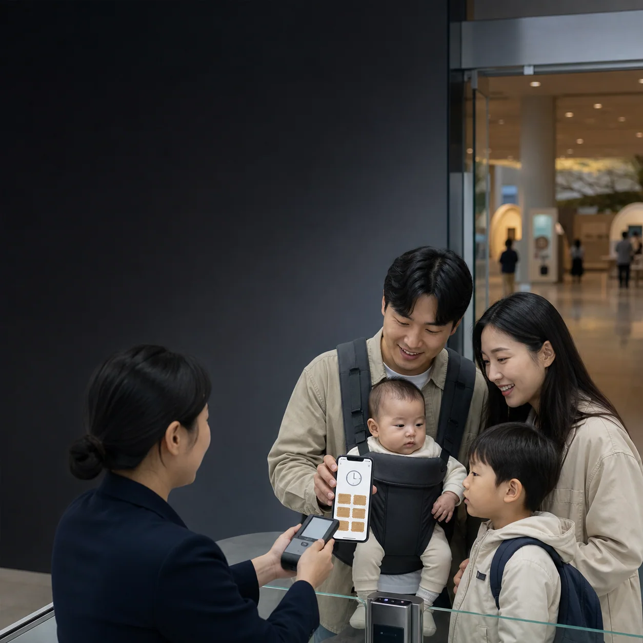 서울 어린이박물관 입구에서 영아와 보호자까지 모바일티켓을 확인하는 가족 모습