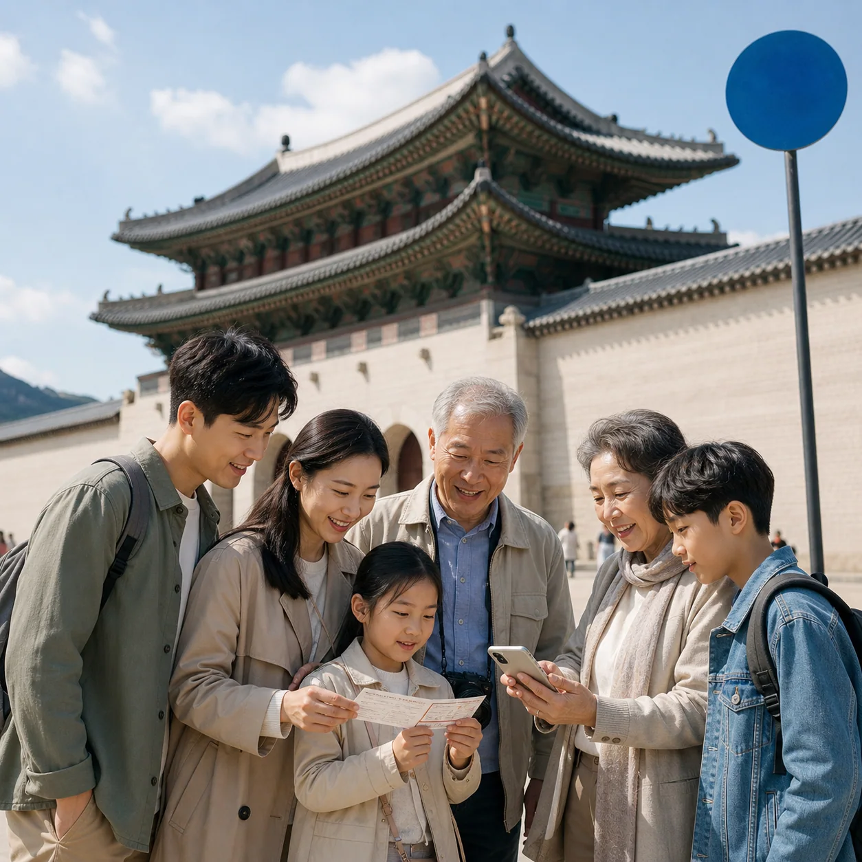 궁궐 문 앞에서 입장권과 정규해설 시각을 맞추는 여러 세대 가족 모습