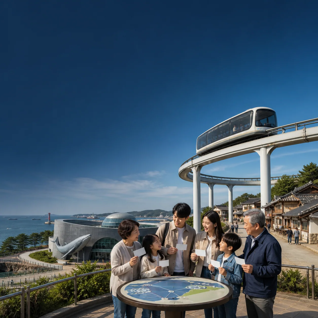 울산 항구 위 순환 모노레일과 박물관·옛마을을 보며 별도 표를 확인하는 가족 모습