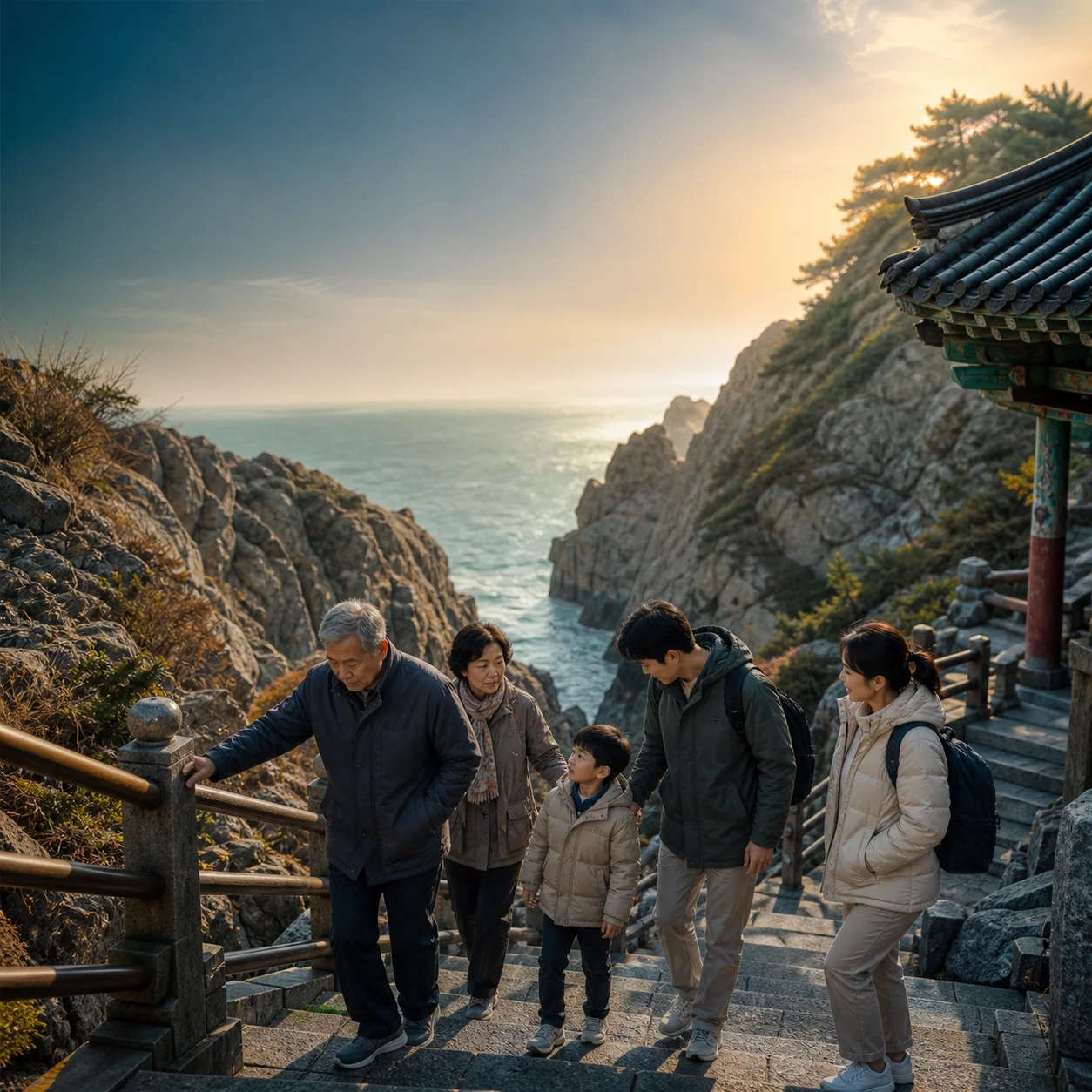 해안 사찰의 가파른 돌계단에서 어르신과 아이의 속도를 살피는 가족 모습
