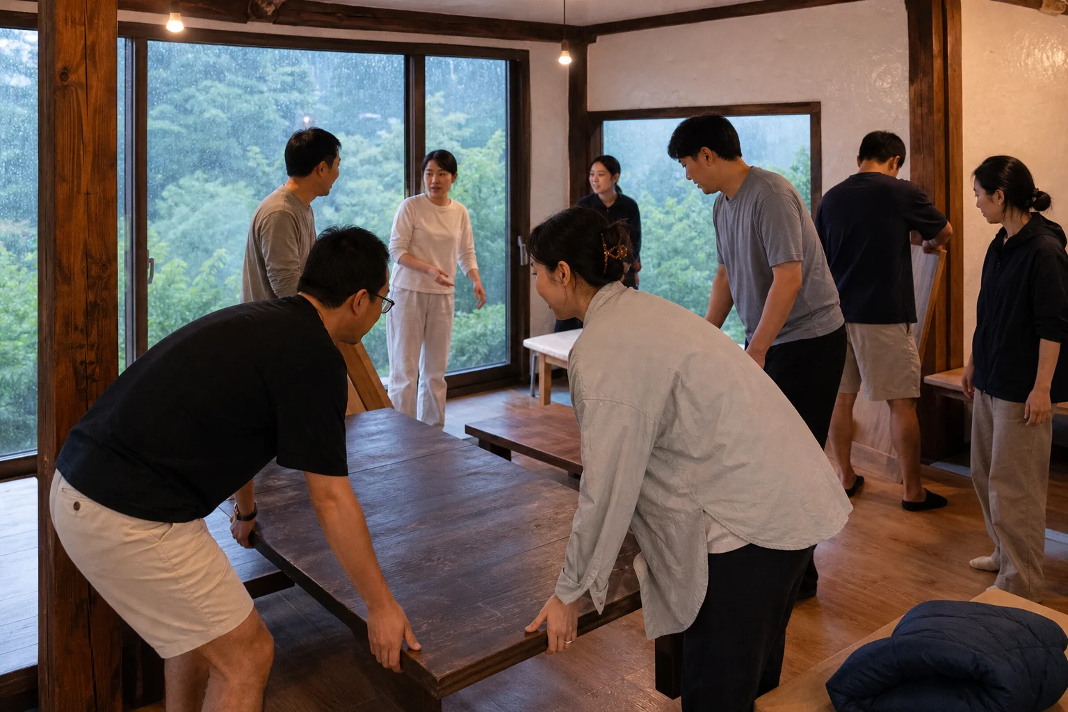 산행 숙소 담당자가 기상 상태와 출발 계획을 함께 점검하는 모습
